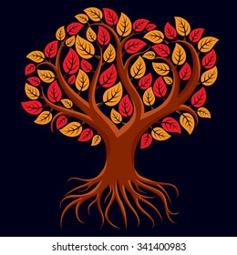 Vector art illustration of branchy tree with strong roots. Tree of life symbolic graphic image, environment conservation theme, autumn season.