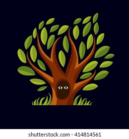 Vector art illustration of branchy tree with den. Two eyes looking from hollow, symbolic graphic image, fairy idea.