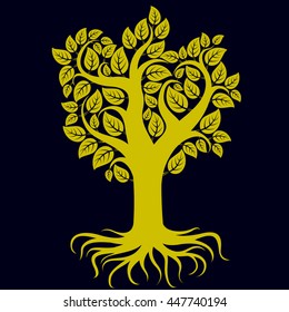 Vector art illustration of branchy tree with strong roots. Tree of life symbolic image, ecology conservation theme.