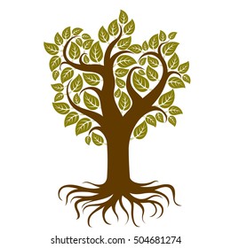 Vector art illustration of branchy tree with strong roots. Tree of life symbolic graphic image, environment conservation theme.
