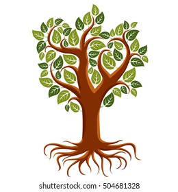 Vector art illustration of branchy tree with strong roots. Tree of life symbolic image, ecology conservation theme.