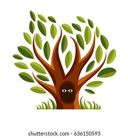 Vector art illustration of branchy tree with den. Two eyes of an animal looking from hollow, symbolic graphic image, fairy idea.