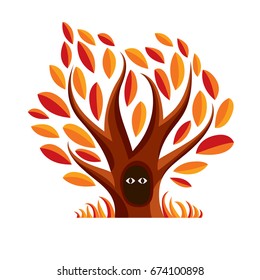 Vector art illustration of branchy tree with den. Two eyes of an animal looking from hollow, symbolic graphic image, fairy idea.