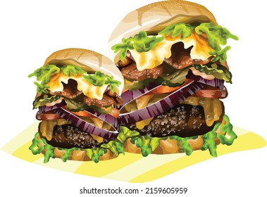 Vector art illustration of burgers with lettuce, beef, onion, tomato, cucumber, cheese and bread