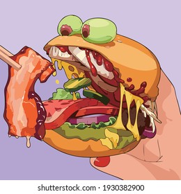 Vector art illustration of burgers that want to eat delicious grilled meat