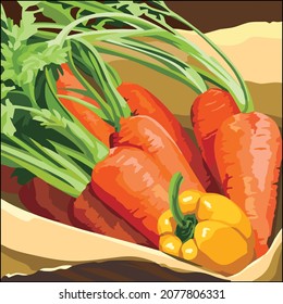 Vector art illustration of carrots being harvested put in a basket
