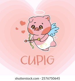 Vector Art Illustration of Cartoony Pig as Cupid or Cupig