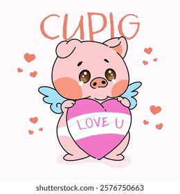 Vector Art Illustration of Cartoony Pig as Cupid or Cupig