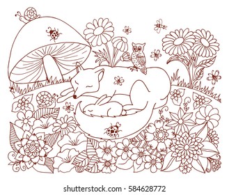 Vector art illustration chanterelle with a hare are sleeping in a clearing under fungus. Work done by hand. Book Coloring anti-stress for adults and children.Brown and white