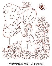 Vector art illustration a child in a clearing resting under fungus. Work done by hand. Book Coloring anti-stress for adults and children.Brown and white