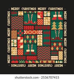 Vector art illustration with Christmas trees and abstract geometric shapes pattern and letterings isolated on black background. Modern design for t-shirt printing, card or poster print