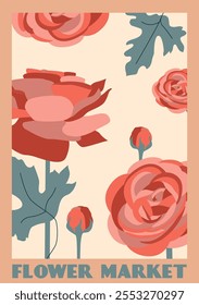 Vector art illustration. Colorful floral pattern, showcasing a floral market concept. Modern groovy art for for postcards, wall art, banner, background.