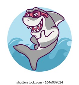 Dibujo vectorial de tiburón fresco sonriendo y dar un pulgar arriba. Tiburón con mascota de gafas de sol.