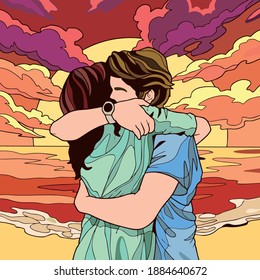 Vector art illustration of a couple hugging lovingly