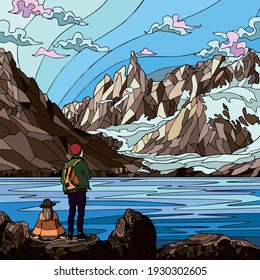 Vector art illustration of a couple looking at the natural landscape in winter