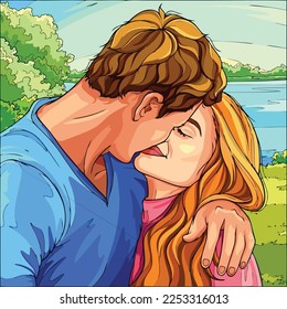 Vector art illustration couple in love making love by kissing