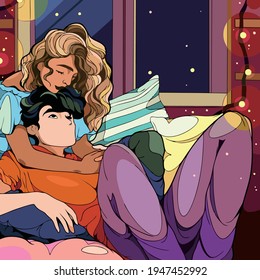 Vector art illustration of a couple making out on a mattress