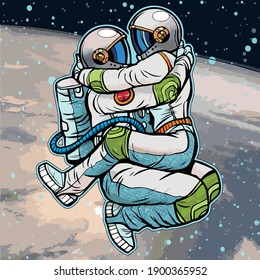 Vector art illustration of a couple who are wearing astronaut clothes with the position of women on top