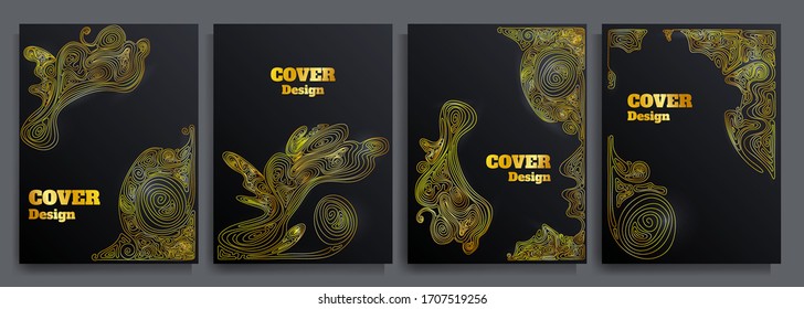 Vector art illustration. Creative covers set. Color linear hand drawn pattern. Golden curved lines. Modern graphic design for brochures, magazines, A4 banners, posters, business cards, gift vouchers 