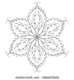 Dibujo vectorial de la flor elegante Curly o copo de nieve. Silueta negra aislada en blanco. Símbolo invernal, cristal esmerilado, forma de nieve navideña para ajuste de diseño. Helado frío