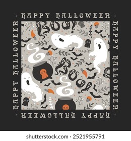 Vector art illustration with cute cute ghosts, witch cauldrons, bats, skulls pattern and letterings Happy Halloween isolated on black background. Design for card, poster, t-shirt print, banner