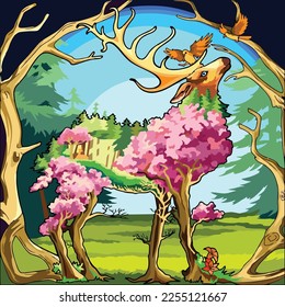 Vector art illustration of deer and beautiful surroundings