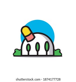 vector art illustration design, pill shaped building with a capsule tree inside