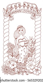 Vector art illustration eastern girl with a pitcher among the flowers under the arch. Work done by hand. Book Coloring anti-stress for adults and children.Brown and white.