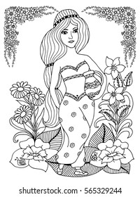 Vector art illustration eastern girl with a jug in the frame from flowers. Work done by hand. Book Coloring anti-stress for adults and children. Black and white.