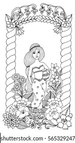Vector art illustration eastern girl with a pitcher among the flowers under the arch. Work done by hand. Book Coloring anti-stress for adults and children. Black and white.