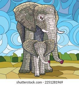 Vector art illustration of an elephant with its calf on a free run