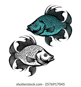 Vector art illustration of fish , black and white illustration of fish, silhouette of fish