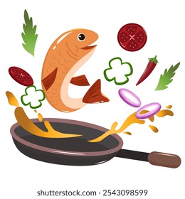 Vector art illustration of fish character mascot sauteed on a frying pan