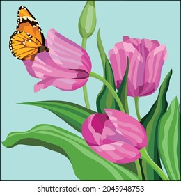 Vector art illustration of a flower being sucked in its juices as food for a butterfly