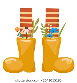 Vector art illustration of a flower vase made of yellow boots with colorful flowers growing inside.