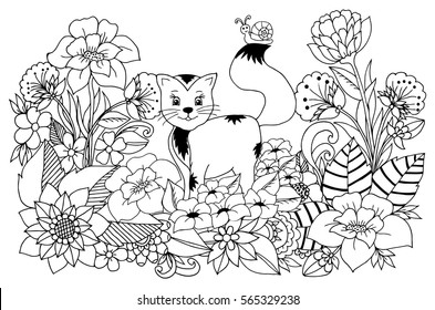 Vector art illustration fluffy kitten among the flowers. Work done by hand. Book Coloring anti-stress for adults and children. Black and white.