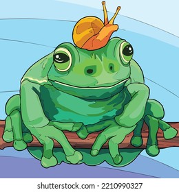 Vector art illustration of a green frog with a little snail on its head