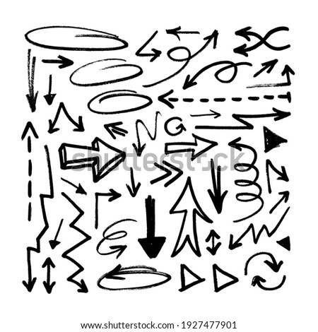 Vector art illustration grunge arrows. Set of hand drawn paint object for design. Abstract brush drawing