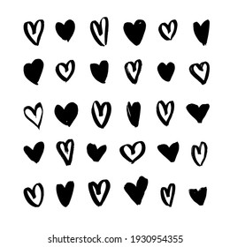 Vector art illustration grunge hearts. Set of hand drawn paint object for design. Black and white  Abstract brush drawing