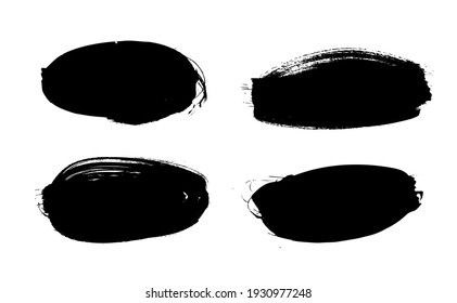 Vector Art Illustration Grunge Oval Banner. Set Of Hand Drawn Paint Object For Design Use. White On Black Background. Abstract Brush Drawing