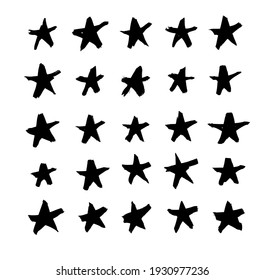 Vector art illustration grunge stars. Set of hand drawn paint object snowflakes for design.  Black and white  shine background. Abstract brush drawing