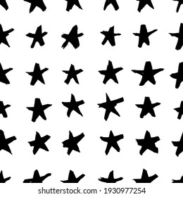 Vector art illustration grunge stars. Set of hand drawn paint object snowflakes for design.  Black and white  shine background. Abstract brush drawing