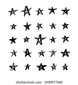 Vector art illustration grunge stars. Set of hand drawn paint object snowflakes for design.  Black and white  shine background. Abstract brush drawing