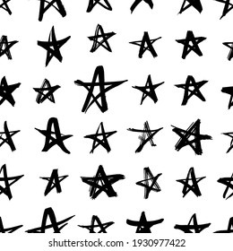 Vector art illustration grunge stars. Set of hand drawn paint object snowflakes for design.  Black and white  shine background. Abstract brush drawing