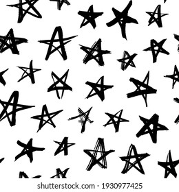 Vector Art Illustration Grunge Stars. Set Of Hand Drawn Paint Object Snowflakes For Design.  Black And White  Shine Background. Abstract Brush Drawing