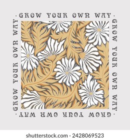 Vector art illustration with hand drawn abstract flowers composition and letterings isolated on light grey background. Modern floral design for card or poster print, t-shirt printing