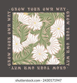 Vector art illustration with hand drawn abstract flowers composition and lettering isolated on grey background. Modern floral design for t-shirt printing, card or poster print