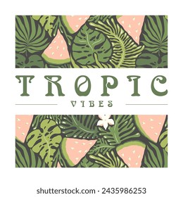 Vector art illustration with hand drawn abstract tropical pattern and lettering Tropic Vibes isolated on white background. Modern floral design for card or poster print, t-shirt printing