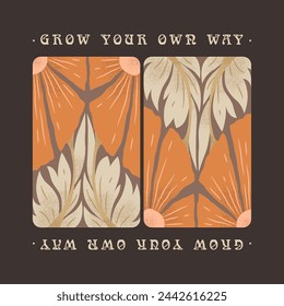 Vektor-Kunst-Illustration mit handgezeichneter abstrakter Blumen-Komposition und Schriftzügen isoliert auf braunem Hintergrund. Modernes Blumendesign für T-Shirt-Druck, Kartenplakat-Druck