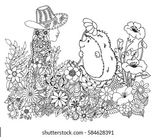 Vector art illustration hedgehog among the flowers gives a daisy girl. Work done by hand. Book Coloring anti-stress for adults and children. Black and white.